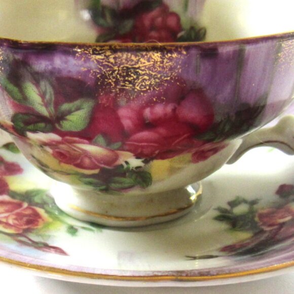 Vintage Japanese Tea Cup and Saucer, Purple with Roses, Gold Trim       I1111 - Picture 1 of 9